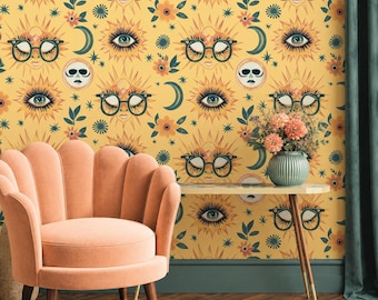 Funky Celestial Sun Moon Wallpaper, Boho Vintage Wall Decor, Retro Maximalist Accent Wall