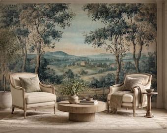 Vintage Blue French Country Landscape Mural, European Scenic Wallpaper, Antique Nature Home Decor