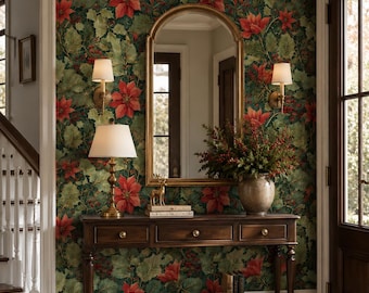 Vintage Botanical Poinsettia Wallpaper, Moody Dark Green Floral Mural, Victorian Style Home Decor