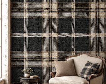 May include: A wall covered in black and beige plaid wallpaper featuring a textured fabric-like pattern. The design consists of intersecting horizontal and vertical lines forming a classic tartan grid across the entire surface of the wall.
