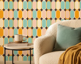 Retro Mid Century Modern Wallpaper, Mustard Yellow Ovals, 1970s Geometric Mural (Peel and Stick)