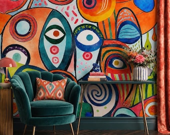 Abstract Watercolor Wallpaper Mural, Vibrant Boho Modern Wall Decor, Maximalist Artistic Art
