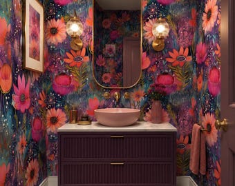 Moody Floral Maximalist Wallpaper, Whimsical Dark Botanical Wall Mural (Peel and Stick)