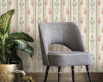 Botanical Stripe Wallpaper, Cottagecore Floral Wall Decor, Earthy Boho Nursery Accent