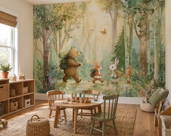 Woodland Animals Watercolor Mural, Whimsical Forest Nursery Decor, Kids Playroom Wallpaper