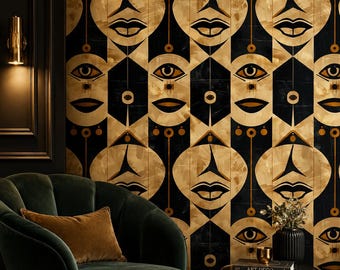 Surrealist Face Gold Wallpaper, Art Deco Geometric Mural, Mid Century Accent Wall
