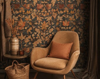 Dark Floral Autumnal Wallpaper, Vintage Botanical Leaf Wall Mural (Peel and Stick)