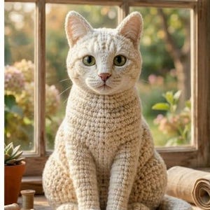Könnte beinhalten: Eine cremefarbene, gehäkelte Katzenfigur mit grünen Augen, die aufrecht sitzt. Die Katze ist aus Garn mit einem sichtbaren, strukturierten Maschenbild gefertigt und hat spitze Ohren, eine kleine rosa Nase und einen langen Schwanz.