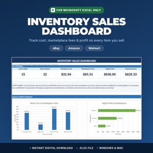 May include: A digital inventory sales dashboard for Microsoft Excel featuring key metrics, sales volume, and profit visuals for eBay, Amazon, and Walmart. The interface displays data tables, bar charts, and horizontal graphs for tracking costs, marketplace fees, and projected sales.
