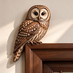 Könnte beinhalten: Eine geschnitzte Eulenfigur aus Holz mit detailliertem braun-cremefarbenem Gefieder, großen dunklen Augen und einem spitzen Schnabel. Die Eule sitzt auf der oberen Ecke eines dunklen Holzrahmens und wirft einen sanften Schatten an die Wand.