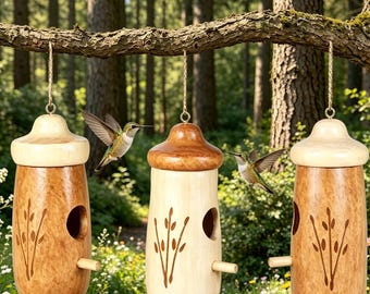 Casa para colibríes de madera hecha a mano, nido para pájaros con forma de bellota, decoración rústica para jardín.
