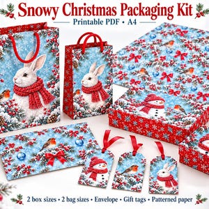 May include: A Snowy Christmas Packaging Kit featuring printable A4 items including two gift bags, two boxes, an envelope, gift tags, and patterned paper. The designs feature white rabbits, snowmen, and robins in red scarves on blue backgrounds.