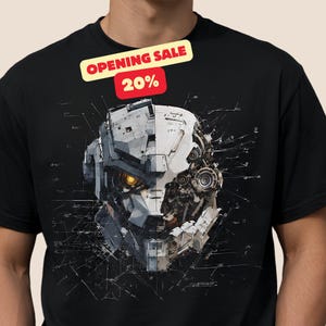 Robot Blueprint T-Shirt, Cyberpunk Robot Head Tee, Engineering Drawing Shirt, AI Graphic Tee, Sci-Fi Mecha Gift
