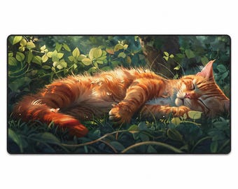 Tappetino per mouse con gatto arancione che dorme in giardino - Accessorio per la scrivania