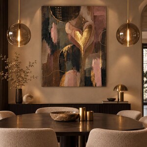Boho Soft Dark Canvas Wall Art, Timeless, Large Statement Piece, Pastel Minimalist Decor, Gold Accents, Abstract and Timeless, Ready to Hang