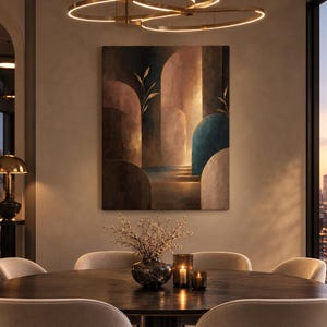 Könnte beinhalten: Ein rechteckiges Wandbild mit einer abstrakten architektonischen Szene, die geschichtete Bögen in den Farben Dunkelblau, gedämpftes Gold und warmes Beige zeigt. Die Komposition enthält stilisierte Pflanzensilhouetten und einen beleuchteten Pfad.