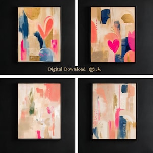 Könnte beinhalten: Vier rechteckige Wandkunstdrucke mit abstrakten Kompositionen in Gold, Marineblau und leuchtendem Pink. Die Designs zeigen Herzformen, geometrische Muster und strukturierte Pinselstriche auf beigem Hintergrund. Der Text lautet Digital Download.