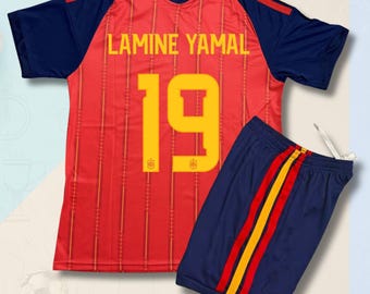 Spain Jersey Kit, Yamal #19 Jersey and Shorts Set, Custom Name Number Football Shirt, Adults and Youth Sizes, Gift For Fans
