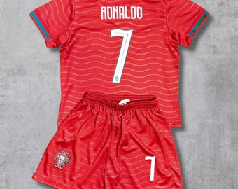 Maglia del Portogallo per bambini, set maglia e pantaloncini Ronaldo #7, maglia da calcio personalizzabile con nome e numero, taglie per adulti e ragazzi, regalo per i tifosi.