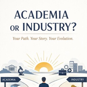 May include: A poster titled ACADEMIA OR INDUSTRY? Your Path. Your Story. Your Evolution. It shows a person standing at a fork in the road. One path leads to a university building and microscope, the other to city buildings and a briefcase. Text reads: Your career is not a straight line — it’s a story you write. A Career Journey for Students, Researchers & Early-Career Scientists.