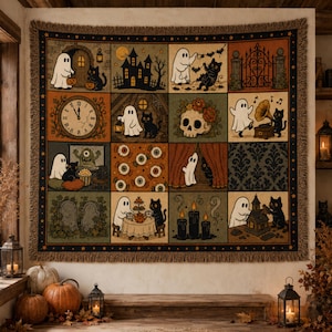 Vintage Halloween Patchwork Woven Blanket, Spooky Cottagecore Throw, Cute Ghost Black Cat Tapestry, Rustic Fall Decor, Witchy Room Blanket
