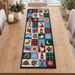 Winter Patchwork Quilt Table Runner, Festive Holiday Dining Decor, Cozy Skiing Reindeer Cabin Pattern, Rustic Christmas Kitchen Gift