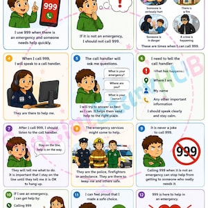 May include: An educational poster titled Calling 999, a social story about using 999 in an emergency. It features twelve numbered panels with illustrations and text explaining when and how to call emergency services, including safety tips.