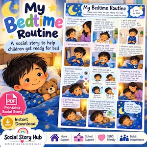 May include: A printable PDF social story titled My Bedtime Routine featuring a cartoon child in star-patterned pajamas with a teddy bear. The chart includes illustrated steps for washing, brushing teeth, using the toilet, and calming activities.