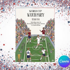 May include: A rectangular invitation for a World Cup Watch Party for Team USA on Saturday, June 1st at The Garden Club, Court Terrace from 2 o'clock till late. The illustration shows a football match in progress with players and a stadium crowd.