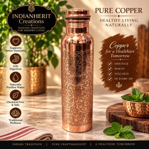 May include: A cylindrical copper water bottle featuring an intricate floral engraving across its body. The bottle has a metallic finish and a screw-top lid. Text on the bottle includes IndianHerit Creations, Pure Copper, and Healthy Living Naturally.