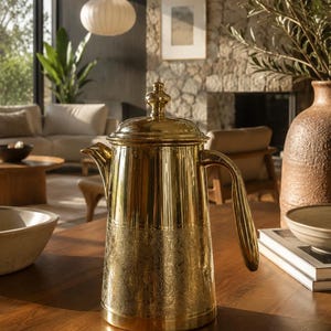 May include: A polished brass coffee pot featuring a cylindrical body with a detailed, intricate embossed floral pattern around the lower section, a curved handle, a tapered spout, and a matching lid with a small, rounded finial on top.