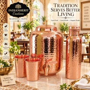 May include: A set of hammered copper drinkware including a large water dispenser with a spigot, two matching tumblers, and a tall water bottle. The items feature a reflective metallic finish and are displayed with text reading Tradition Serves Better Living.