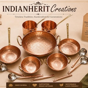 May include: A set of hammered copper cookware including a large central bowl with two handles, two saucepans with long handles, two smaller bowls with side handles, two frying pans, four spoons, and two stirrers, all featuring the Indianherit Creations logo.
