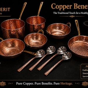 Può includere: Un set di pentole in rame martellato che include due casseruole con manico lungo, due ciotole kadhai con manici laterali, una padella grande e quattro cucchiai. Il testo include INDIANHERIT Creations, Copper Benefits e dettagli sulle misure.
