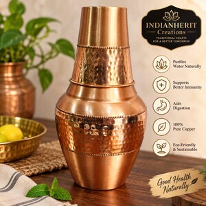 May include: A copper water vessel with a hammered texture and a smooth neck. The vessel features a wide base and a tapered top. Text on the right side lists benefits including Purifies Water Naturally, Supports Better Immunity, and 100% Pure Copper.
