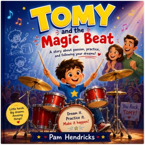 May include: A children's book titled Tomy and the Magic Beat by Pam Hendricks. The cover features a young drummer playing a red drum set on stage, with the text: A story about passion, practice, and following your dreams! Dream it. Practice it. Make it happen!