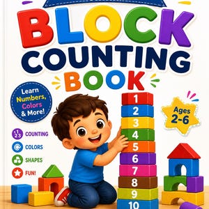 May include: A children's book titled My First Block Counting Book by Pam Hendricks. The cover features a cartoon child stacking colorful numbered blocks from 1 to 10. Text includes Learn Numbers, Colors & More!, Ages 2-6, Counting, Colors, Shapes, and Fun!
