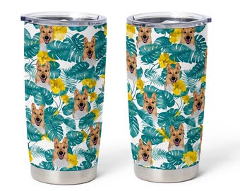 Custom Dog Tumbler, Personalized Pet Photo Tumbler, Dog Mom Gift, Tropical Hawaiian Cup, Pet Lover Gift, Stainless Steel Tumbler