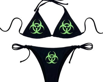 Fluo Green Biohazard Y2K Gothic Aesthetic String Bikini Set Two Piece