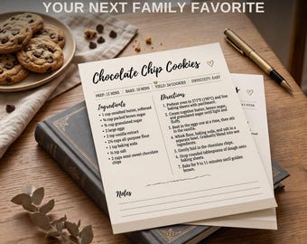 Pode incluir: Um cartão de receita impresso para biscoitos de gotas de chocolate com ingredientes e instruções, sobre um livro escuro ao lado de uma caneta dourada e um prato de biscoitos. O texto diz: YOUR NEXT FAMILY FAVORITE, Chocolate Chip Cookies.