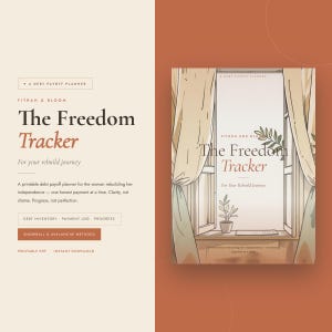 May include: A debt payoff planner titled The Freedom Tracker by Fitrah & Bloom. The cover features an illustration of a window with curtains, a small potted plant, and the text The Freedom Tracker For Your Rebuild Journey in dark brown.