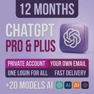 May include: A digital graphic featuring the text 12 MONTHS, CHATGPT PRO & PLUS, PRIVATE ACCOUNT, YOUR OWN EMAIL, ONE LOGIN FOR ALL, FAST DELIVERY, and +20 MODELS AI. A purple square icon with a white logo is displayed next to four small AI icons.