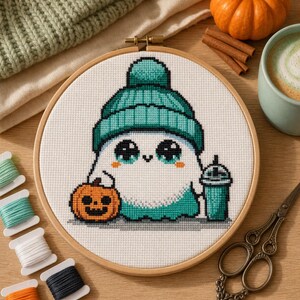 Cute Ghost Cross Stitch Pattern PDF | Cozy Halloween Pumpkin Spice Embroidery  Pattern Keeper Compatible Autumn Fall Modern Xstitch Download