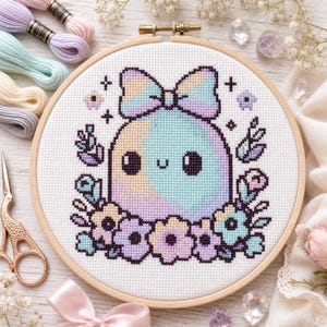 Cute Ghost Cross Stitch Pattern PDF | Kawaii Halloween Embroidery Chart | Pattern Keeper Compatible Coquette Pastel Goth Kids Decor Download