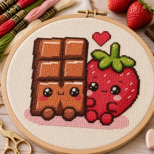 Pode incluir: Um bastidor de bordado circular de madeira contendo um desenho em ponto cruz de uma barra de chocolate castanha e um morango vermelho com folhas verdes, ambos com olhos pretos grandes e bochechas cor-de-rosa, junto a um pequeno coração.