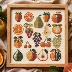Fruit Sampler Cross Stitch Pattern PDF | Modern Kitchen Decor Embroidery Chart | Pattern Keeper Compatible Counted Xstitch Instant Download