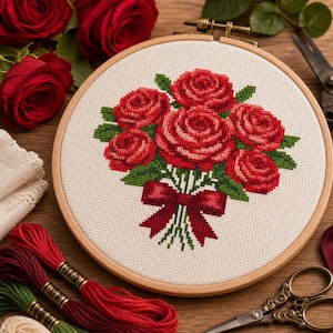 Rose Cross Stitch Pattern PDF | Red Floral Bouquet Embroidery Chart | Pattern Keeper Compatible Vintage Botanical Cottagecore Home Download