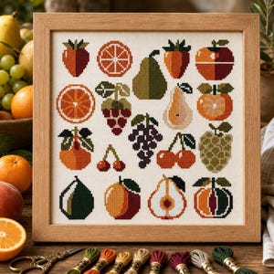Fruit Sampler Cross Stitch Pattern PDF | Modern Kitchen Decor Embroidery Chart | Pattern Keeper Compatible Counted Xstitch Instant Download