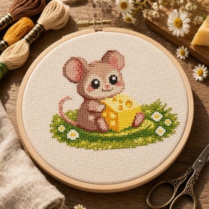 Pode incluir: Um bastidor de bordado circular de madeira contendo um padrão de ponto cruz de um rato castanho a segurar um bloco de queijo amarelo. O rato está sentado num pedaço de relva verde com pequenas flores brancas num tecido creme quadriculado.