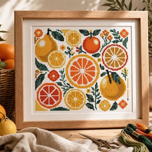 Citrus Cross Stitch Pattern PDF | Modern Kitchen Decor Sampler Embroidery | Pattern Keeper Compatible Orange Lemon Grapefruit Chart Download